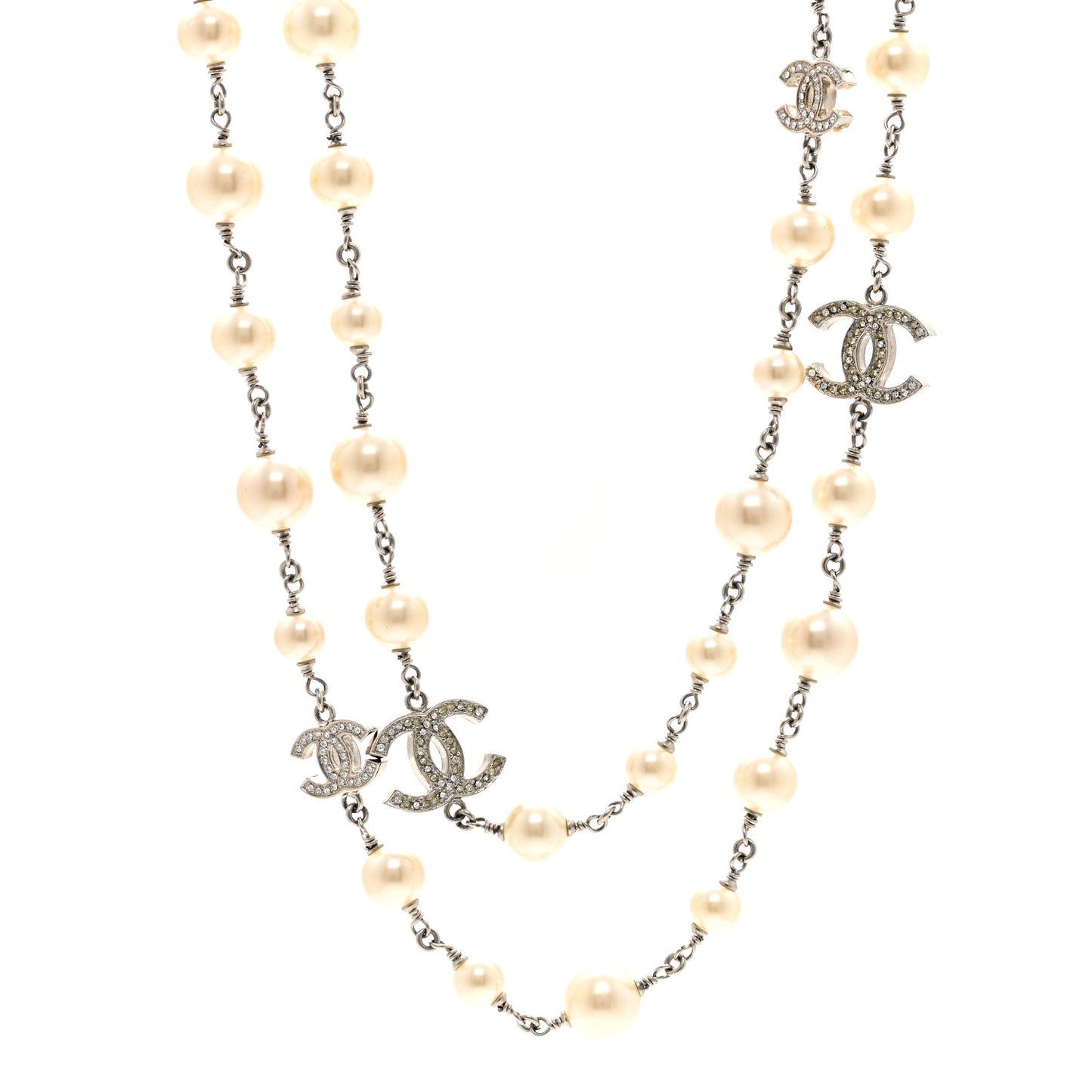 Graduated Pearl Crystal CC Long Necklace Silver