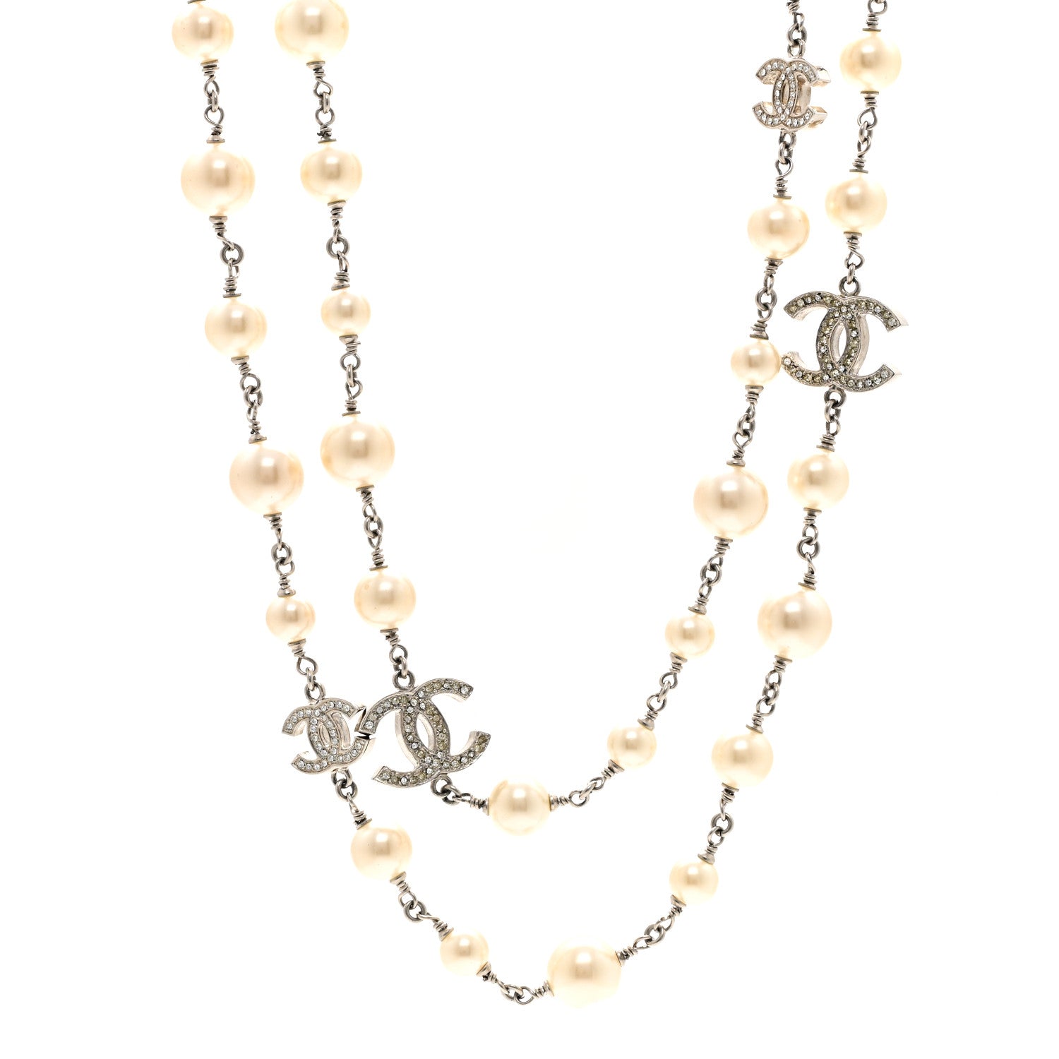 Chanel Graduated Pearl Crystal CC Long Necklace Silver 1 of 6