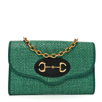 Gucci Straw Azalea Calfskin Mini Horsebit 1955 Chain Shoulder Bag Emerald Black 1 of 11