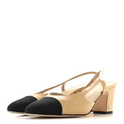 Chanel Goatskin Grosgrain Cap Toe CC Slingback Pumps 36.5 Beige Black 4 of 10