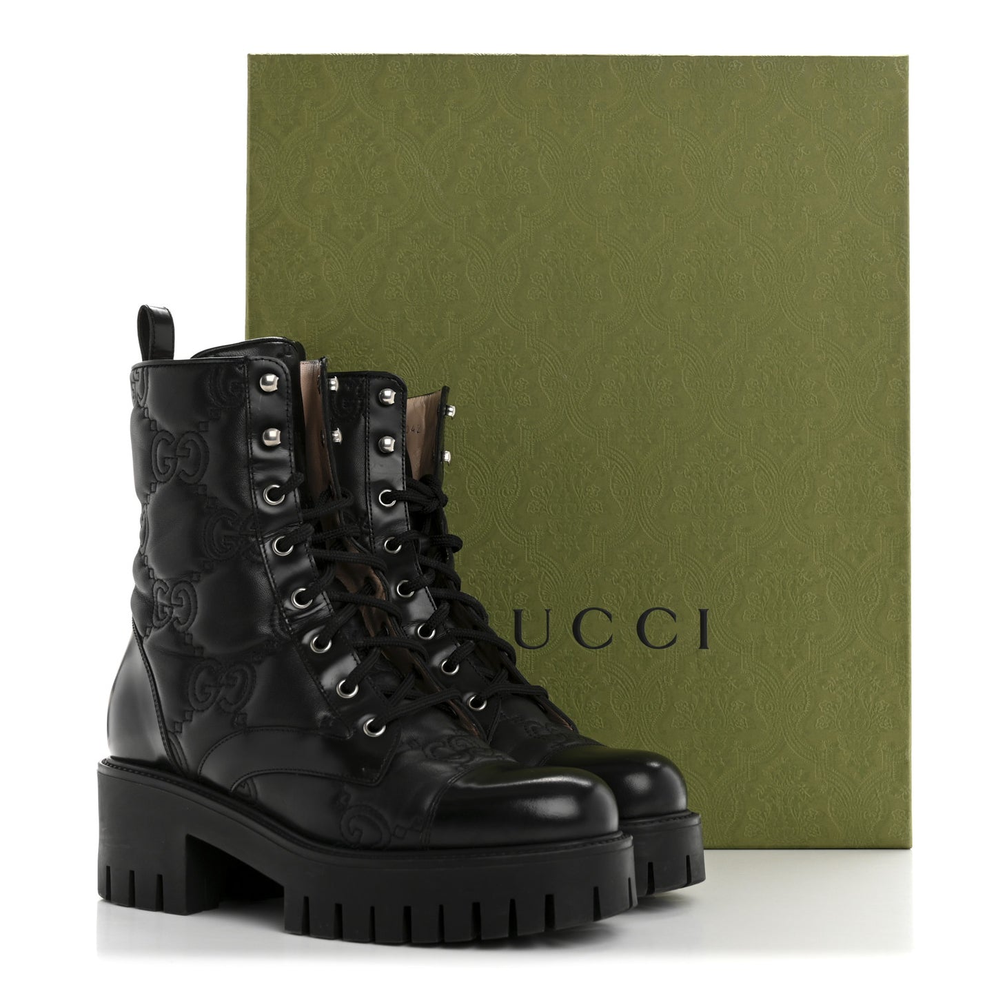Cordovan Lux Nappa GG Matelasse Lace Up 60mm Combat Boots 38.5 Black