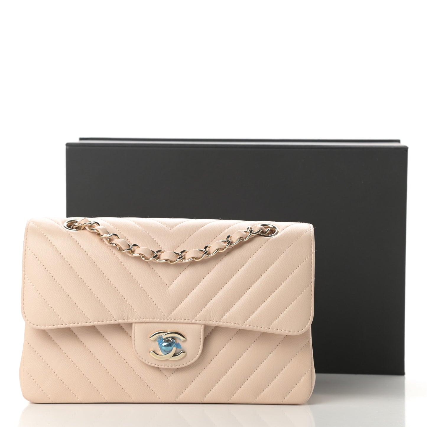 Caviar Chevron Quilted Small Double Flap Beige