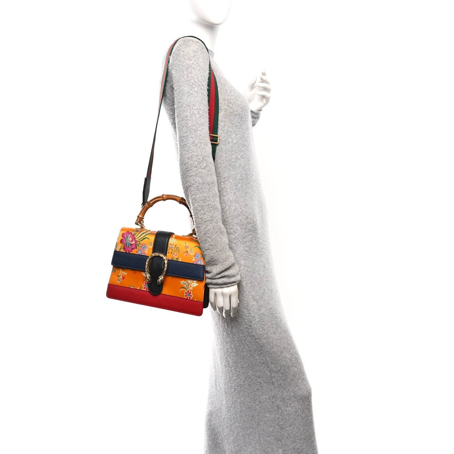 Gucci Satin Calfskin Bamboo Web Tokyo Print Medium Dionysus Top Handle Bag Giallo Multicolor Blue Agata Hibiscus Red 2 of 10