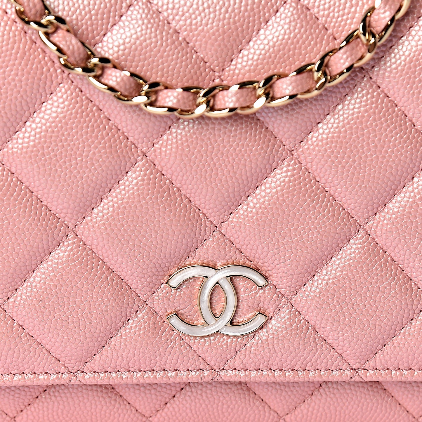 Iridescent Caviar Quilted Wallet on Chain WOC Rose Pink