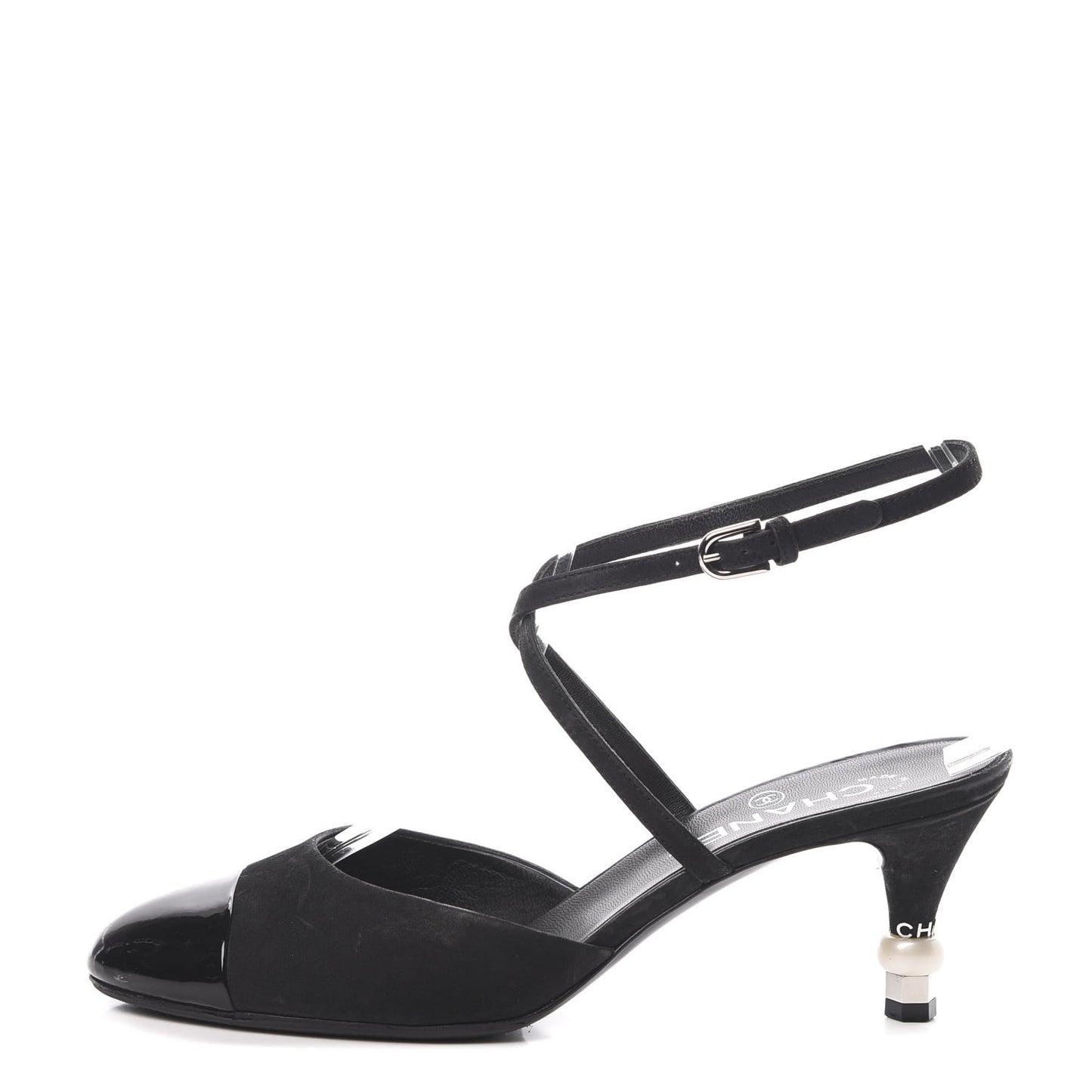 Suede Patent Calfskin Cap Toe Pearl Ankle Strap Pump 38 Black