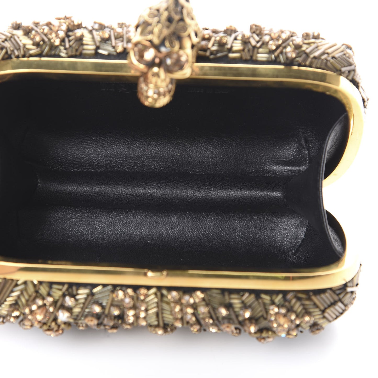 Mesh Satin Crystal Embellished Skull Box Clutch Gold
