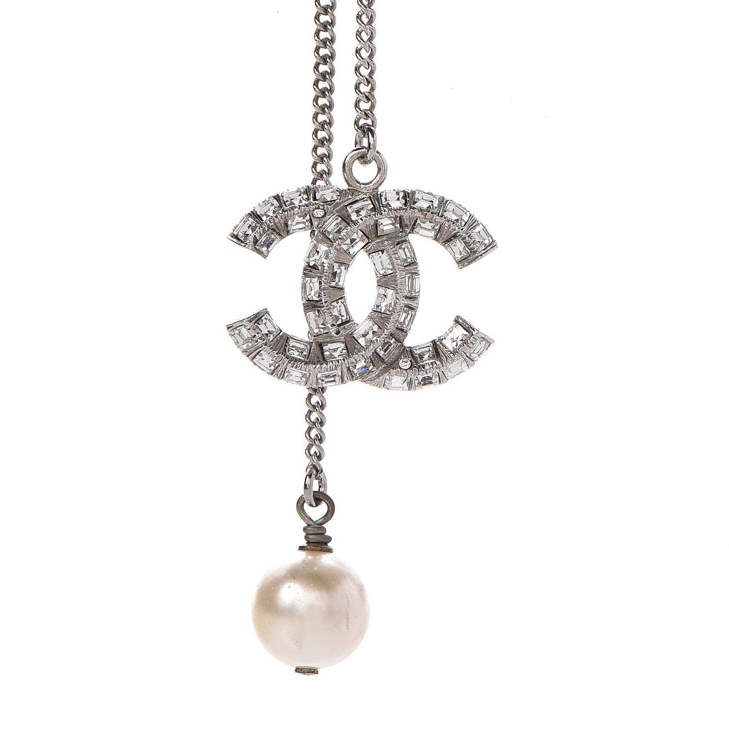 Baguette Crystal Pearl CC Lariat Necklace Silver