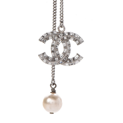 Chanel Baguette Crystal Pearl CC Lariat Necklace Silver 3 of 6