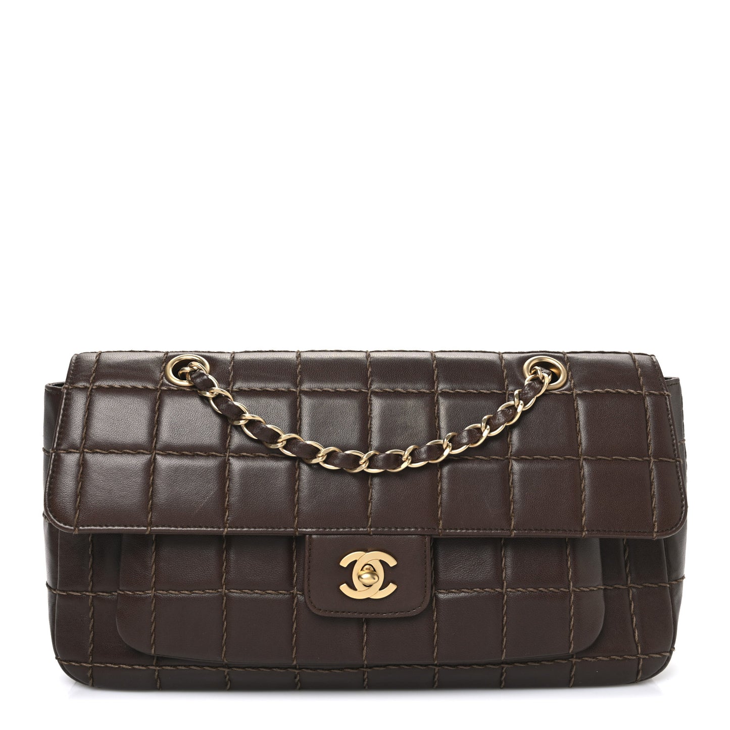 Lambskin Square Double Stitch Flap Dark Brown