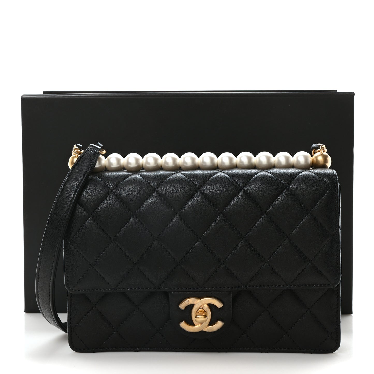 Goatskin Quilted Small Chic Pearls Flap Black