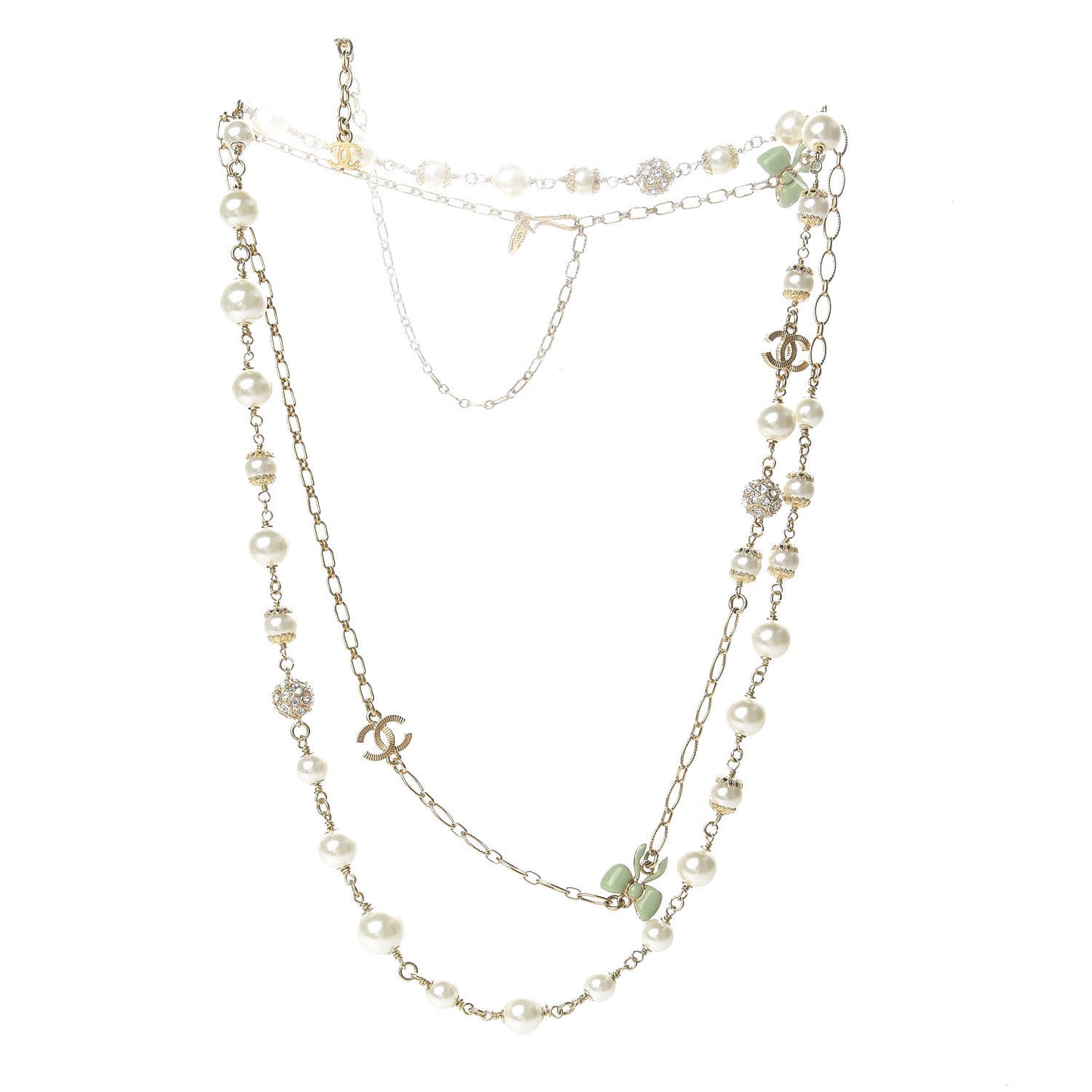 Crystal Pearl CC Bow Long Necklace Gold