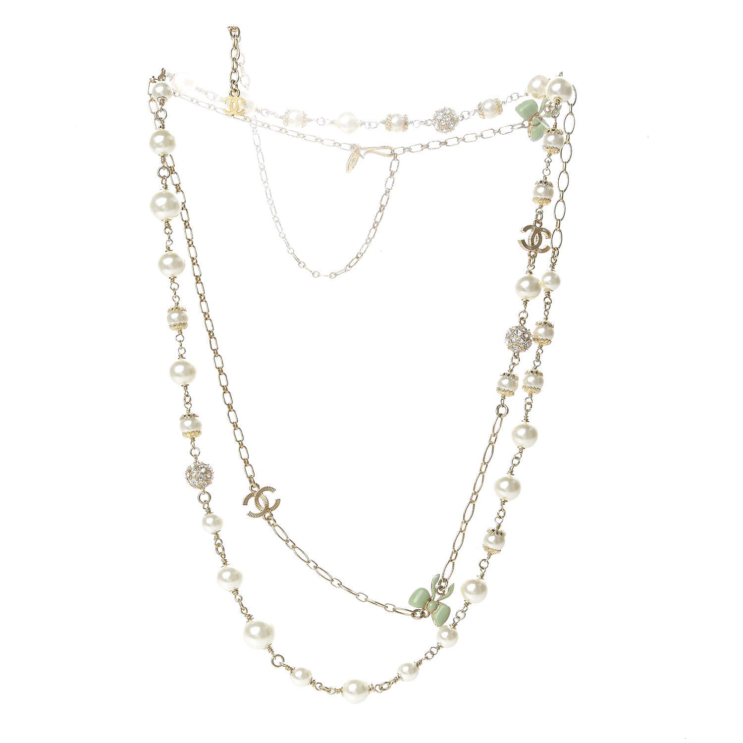 Chanel Crystal Pearl CC Bow Long Necklace Gold 3 of 4