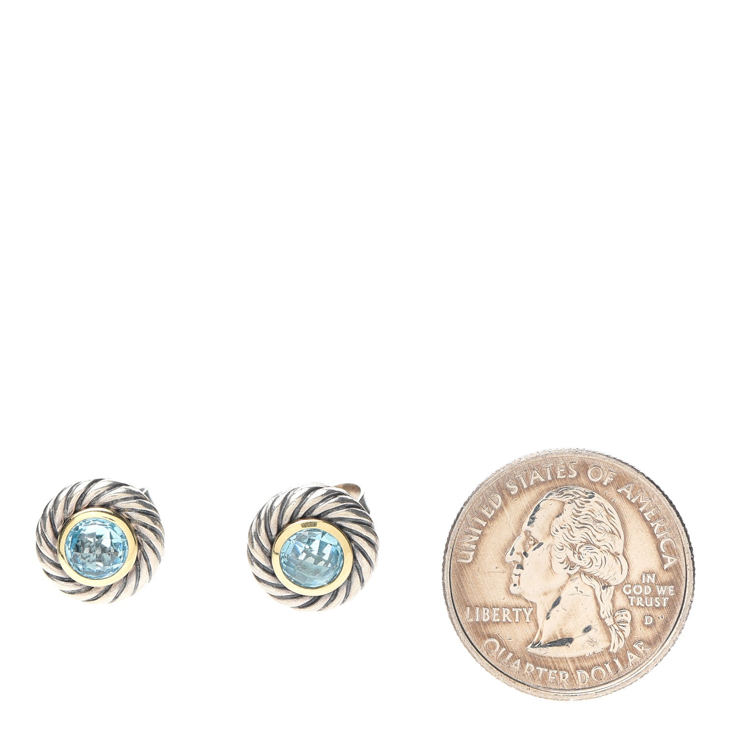 David Yurman Sterling Silver 18K Yellow Gold Blue Topaz Cookie Cable Earrings 2 of 4