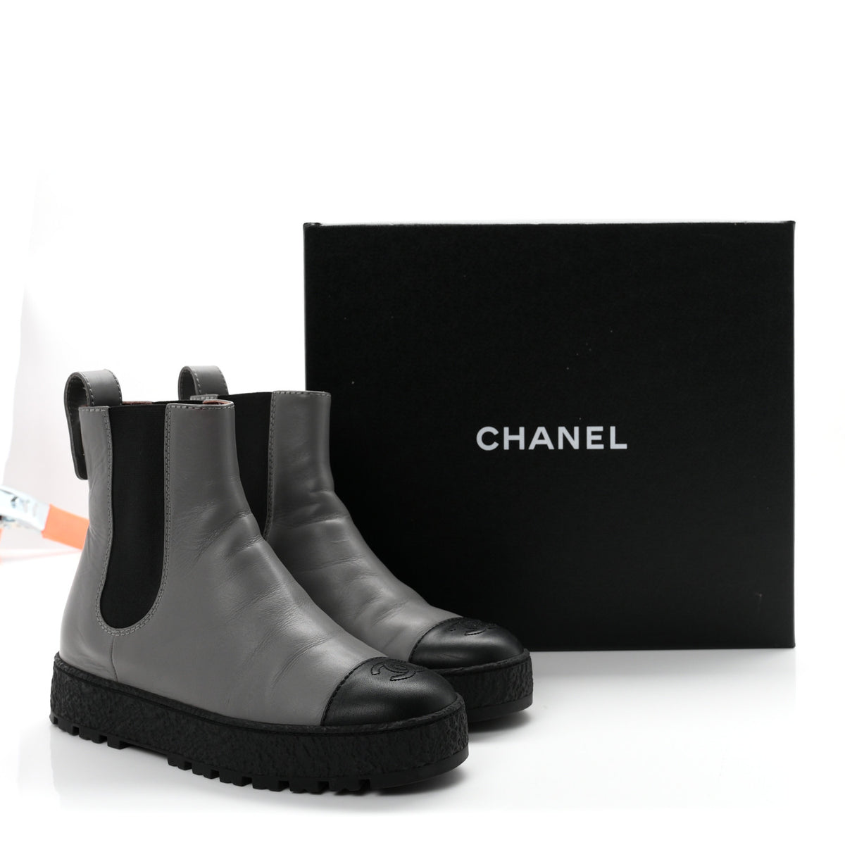Calfskin Cap Toe CC Ankle Boots 38.5 Grey Black
