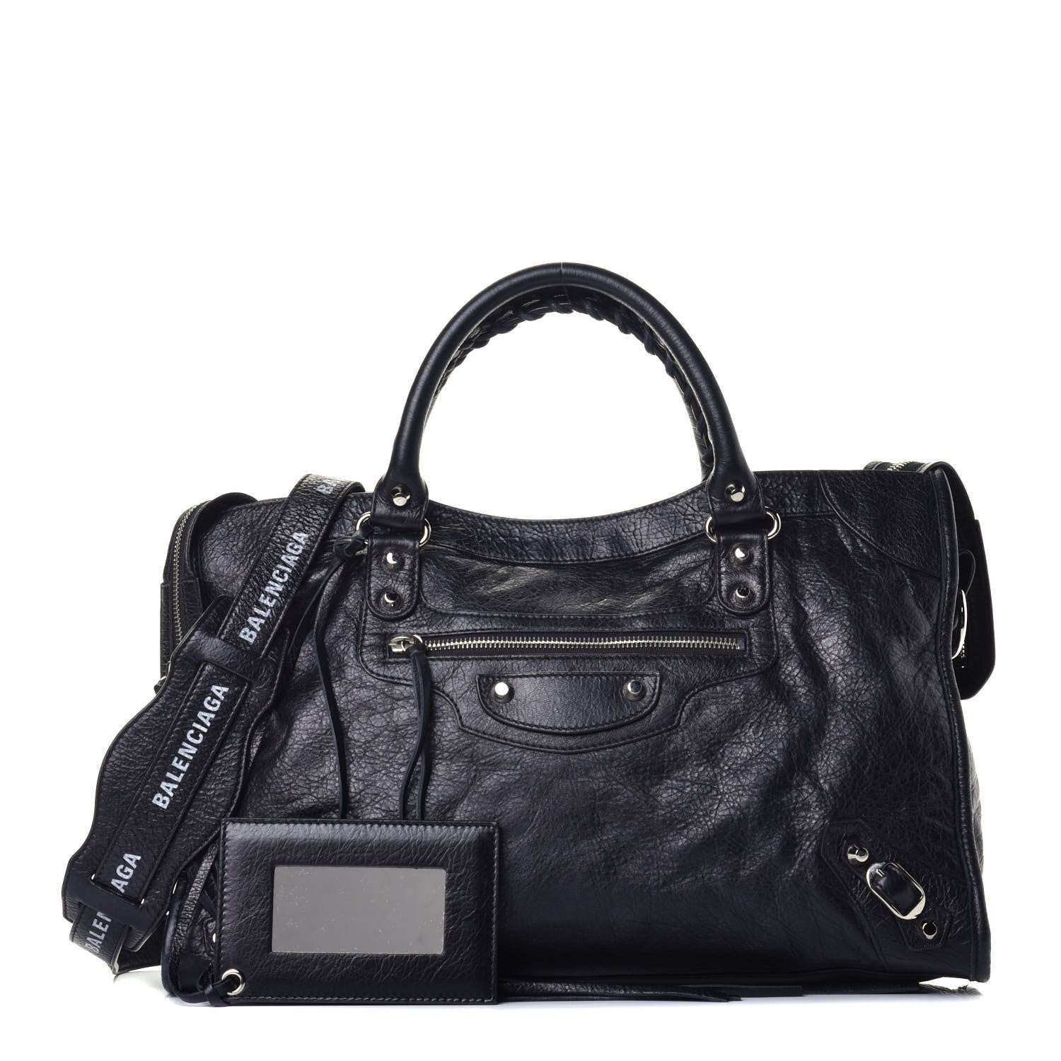 Balenciaga Agneau Classic Silver Hardware City Logo Strap Black White 1 of 9