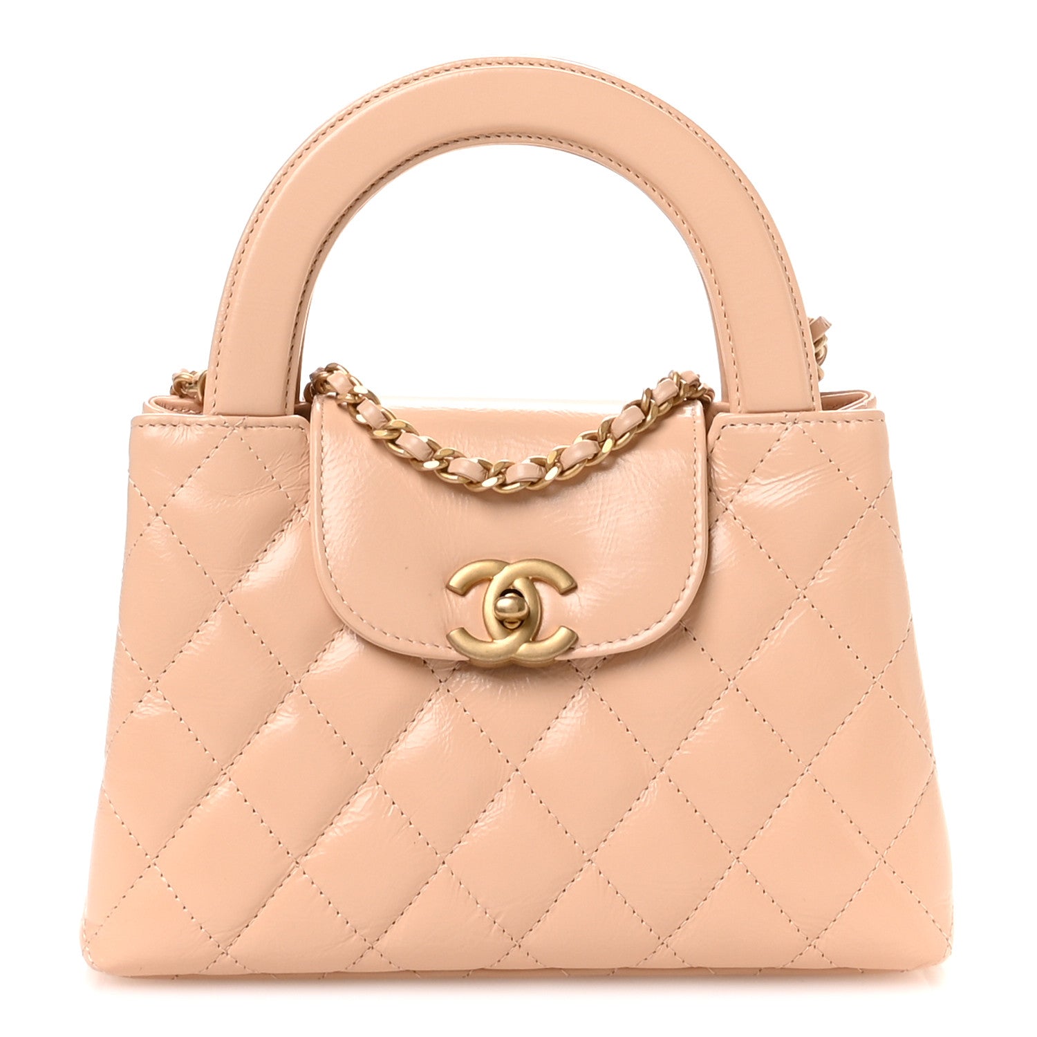 Chanel Shiny Aged Calfskin Quilted Nano Kelly Shopper Beige 1 of 10