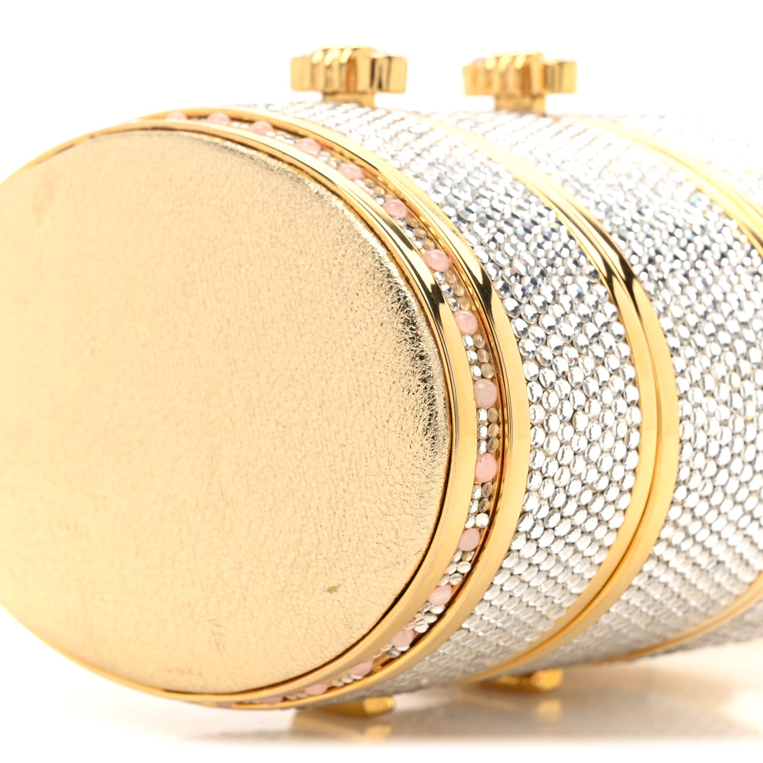 Judith Leiber Swarovski Crystal Minaudiere Train Case Clutch Gold Silver 10 of 15
