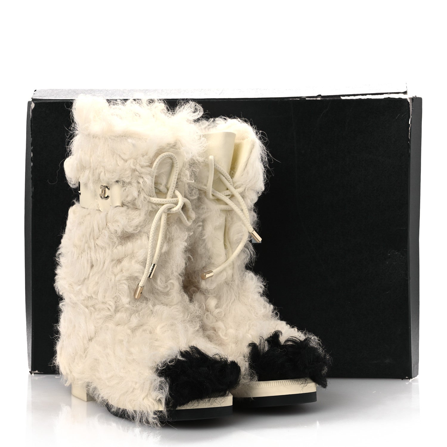 Chanel Shearling Sheepskin High Boots 38 Ivory Black 11 of 11