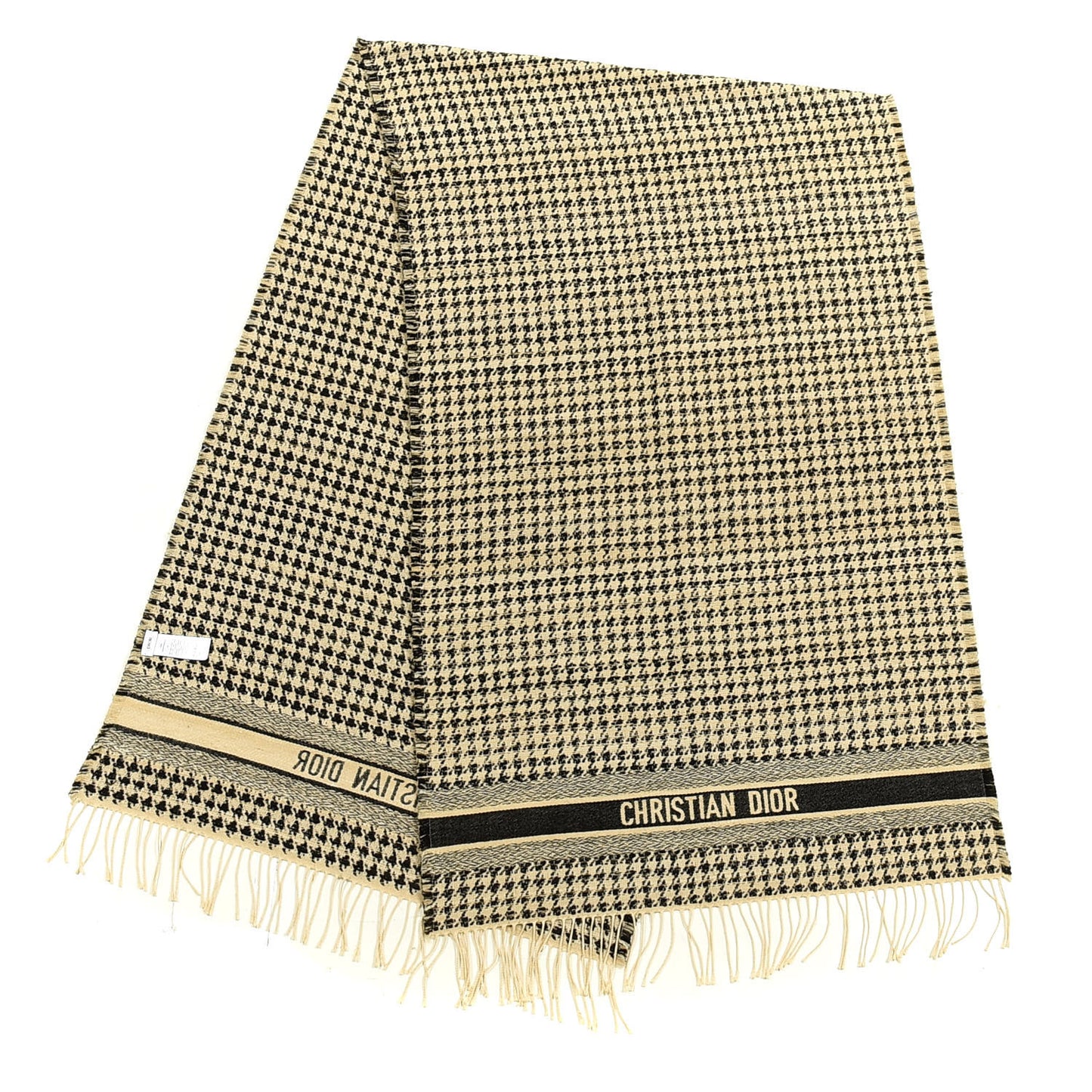 Wool Silk Houndstooth Fringe Scarf Beige Black