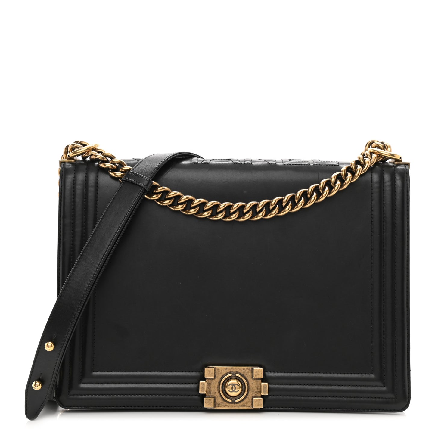 Glazed Calfskin Large Boy Flap Black