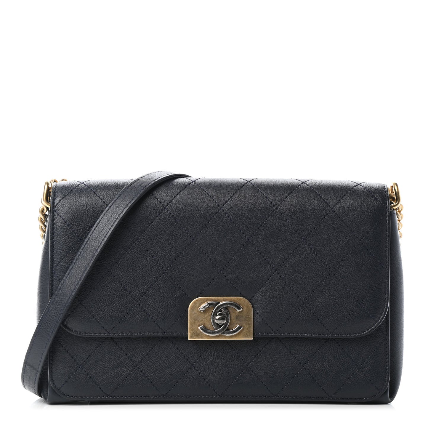 Calfskin Stitched Straight Lines Flap Navy