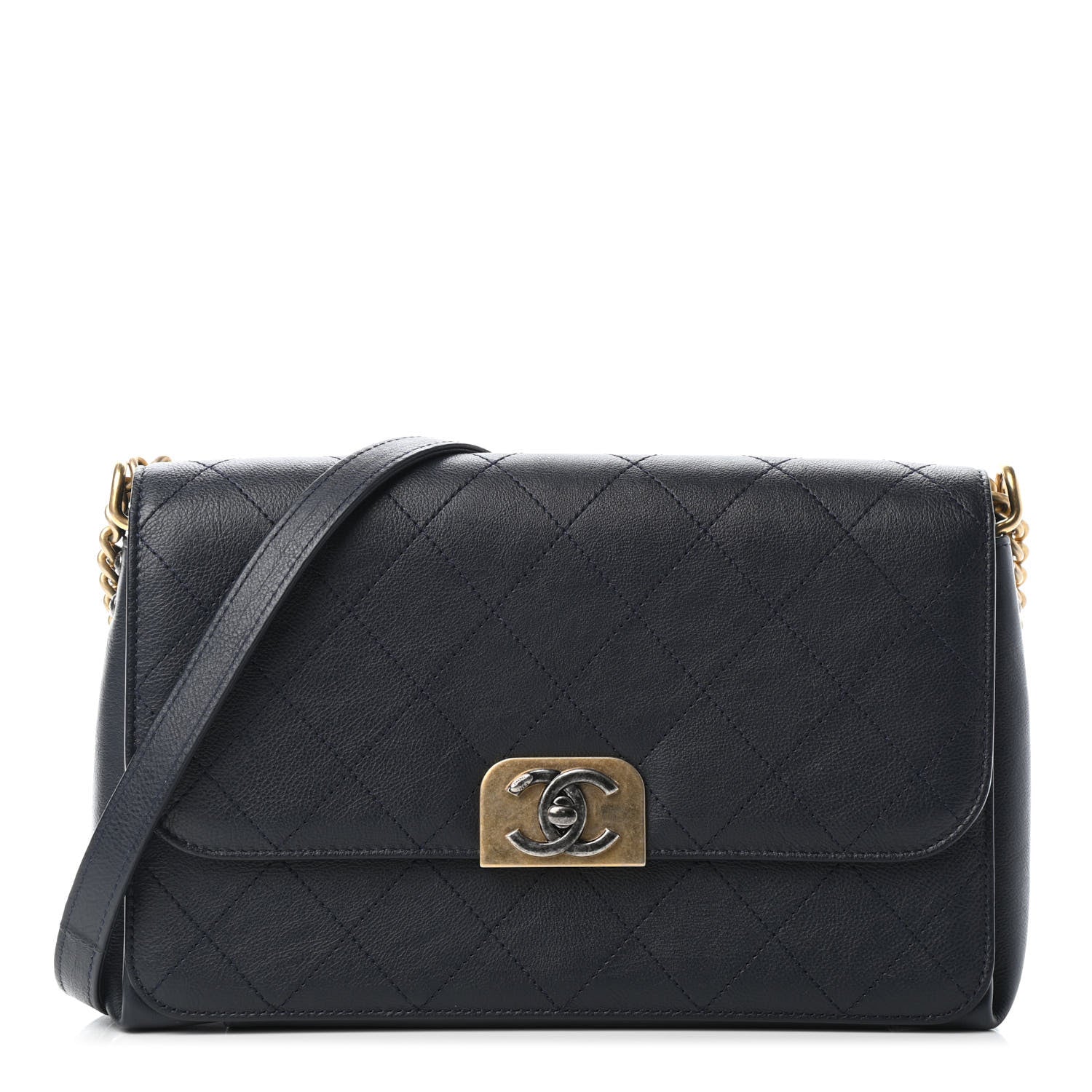 Chanel Calfskin Stitched Straight Lines Flap Navy 1 of 6