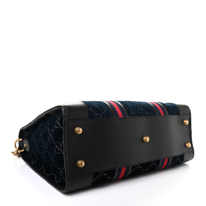 Gucci Velvet GG Monogram Textured Calfskin Web Medium Duffle Bag Blue Beige Black 4 of 9