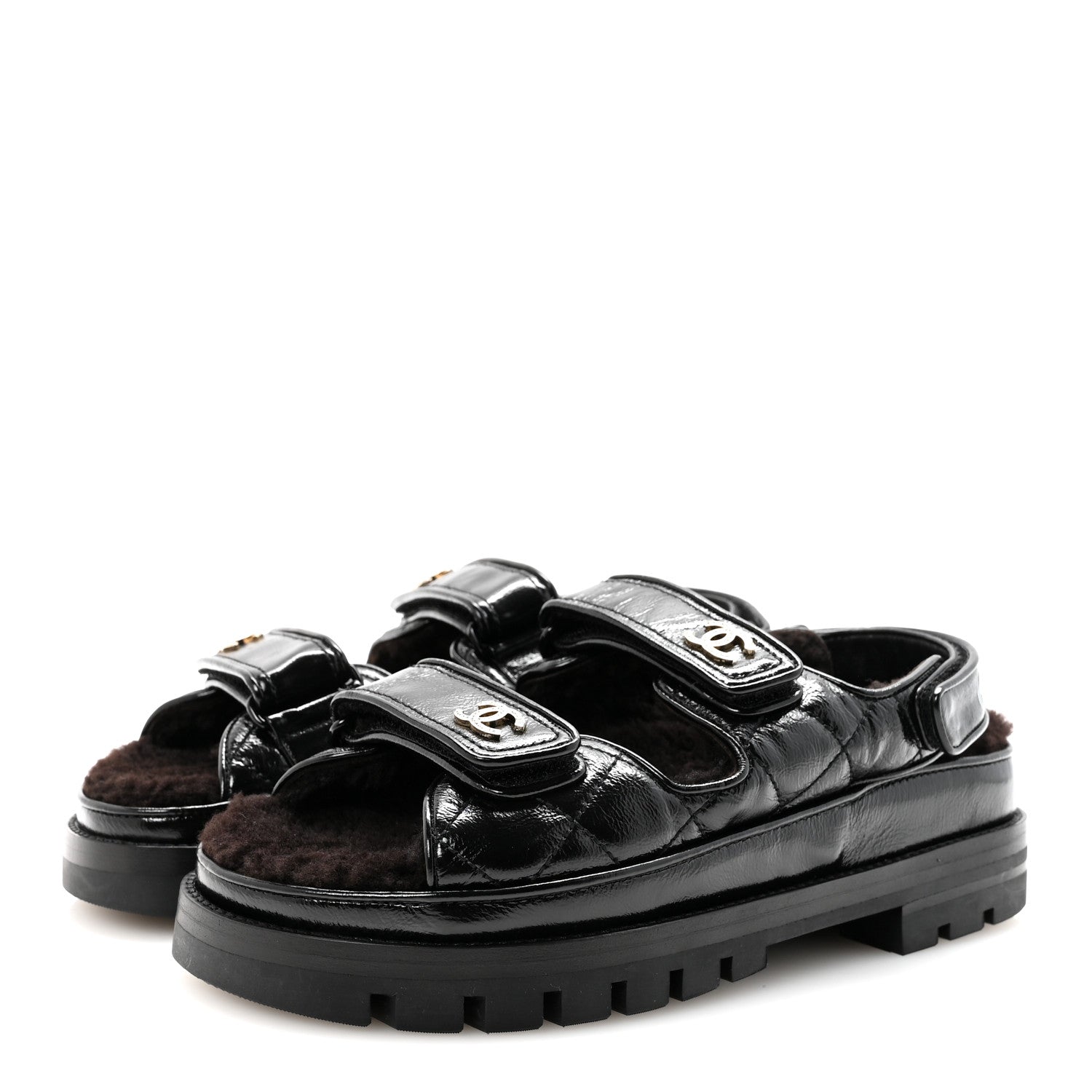 Chanel Laminated Lambskin Shearling Crystal CC Velcro Dad Platform Sandals 37 Black 4 of 10
