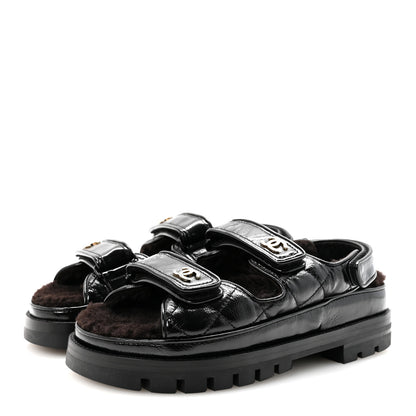 Chanel Laminated Lambskin Shearling Crystal CC Velcro Dad Platform Sandals 37 Black 4 of 10
