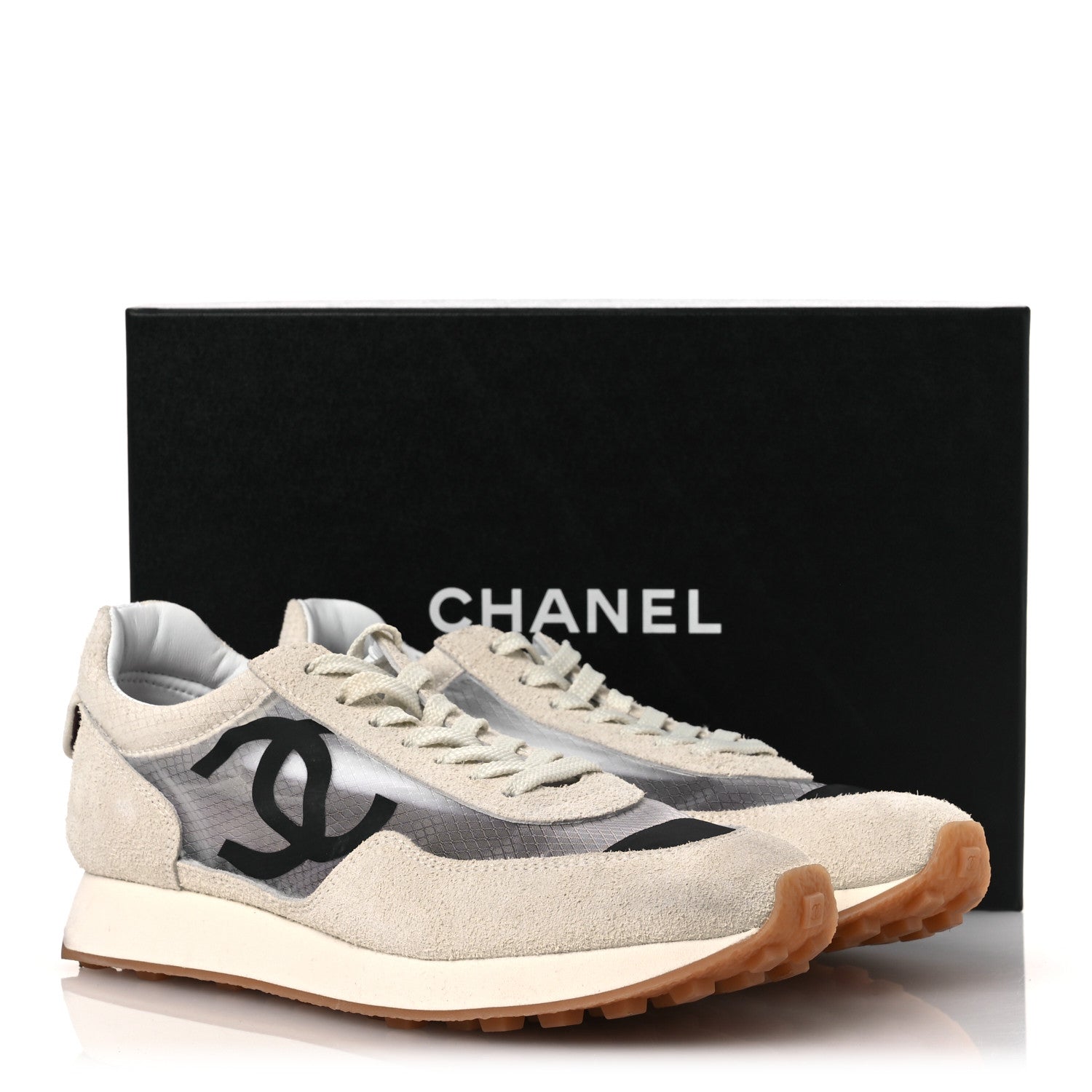 Chanel Suede Mesh Womens CC Sneakers 39 White Black 1839990