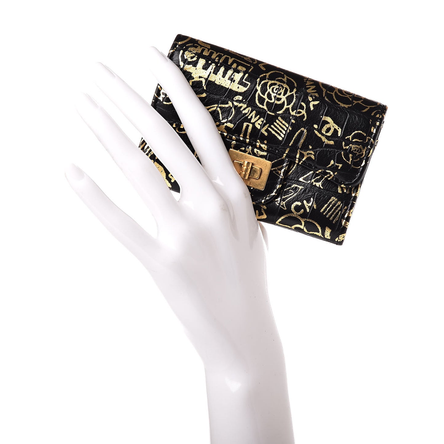 Calfskin Crocodile Embossed Graffiti 2.55 Cocodile Reissue Flap Card Holder Black Gold