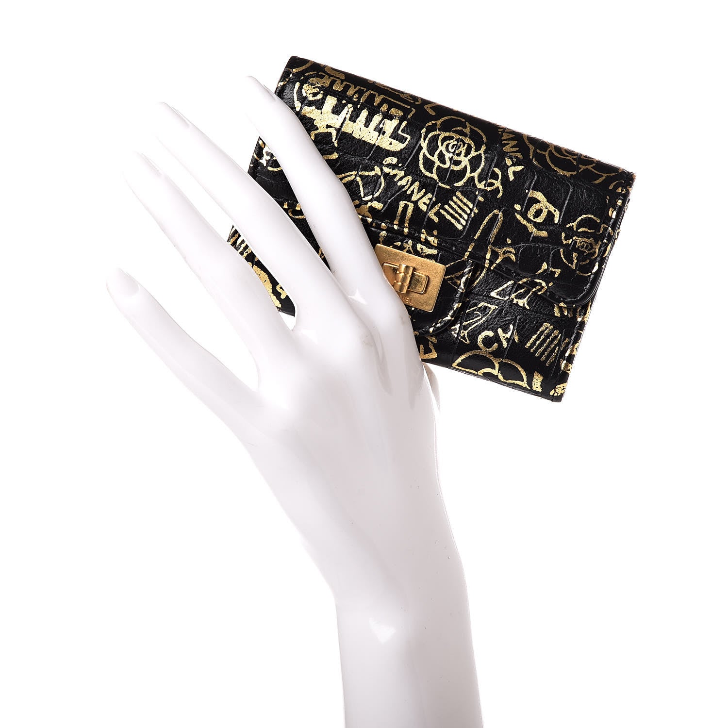 Chanel Calfskin Crocodile Embossed Graffiti 2.55 Cocodile Reissue Flap Card Holder Black Gold 2 of 12