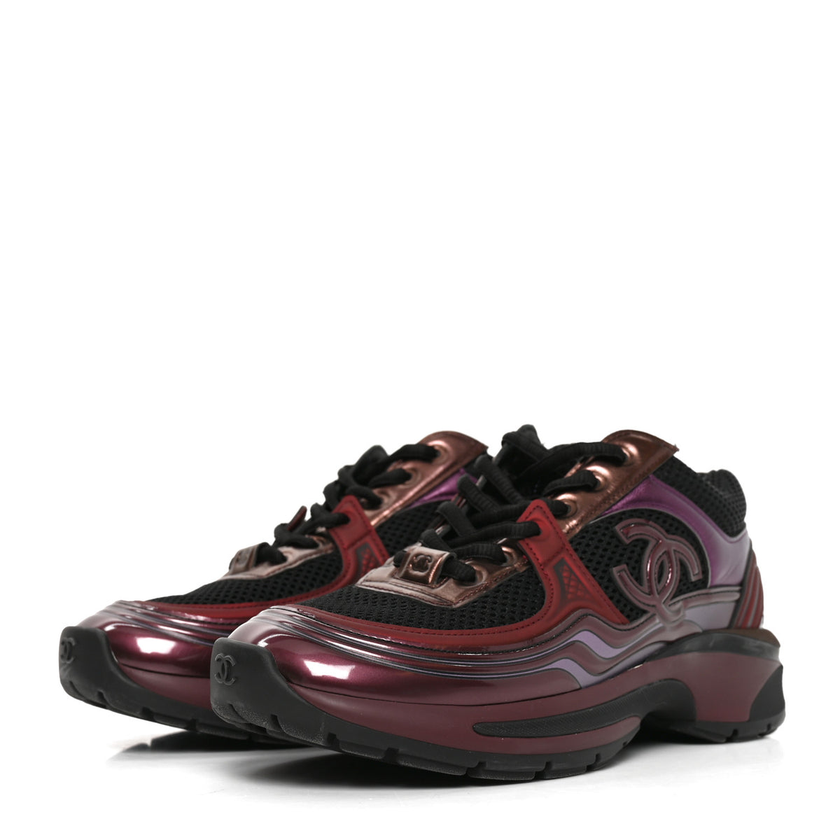 Chanel Fabric Laminated Calfskin Stretch CC Womens Sneakers 36 Black Purple Burgundy 4 of 9