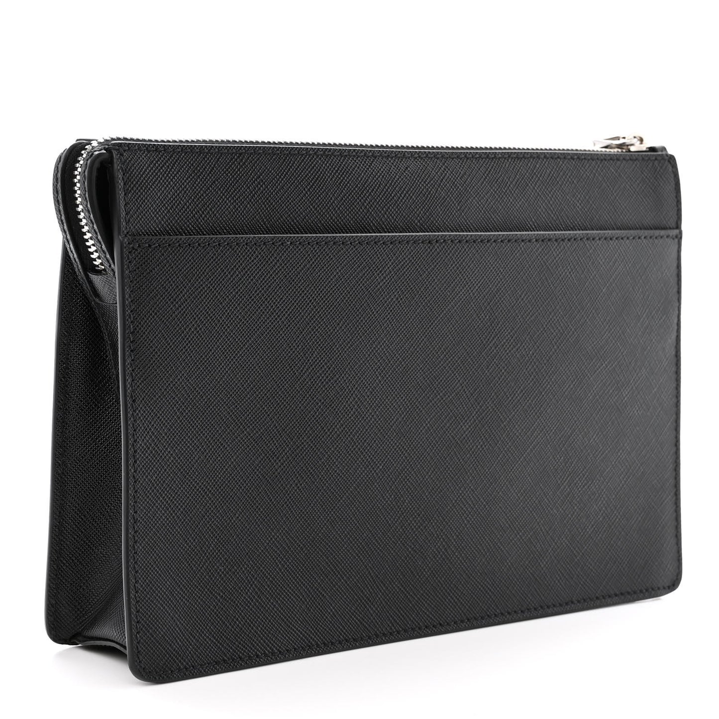 Saffiano Travel Metal Triangle Logo Wristlet Pouch Black