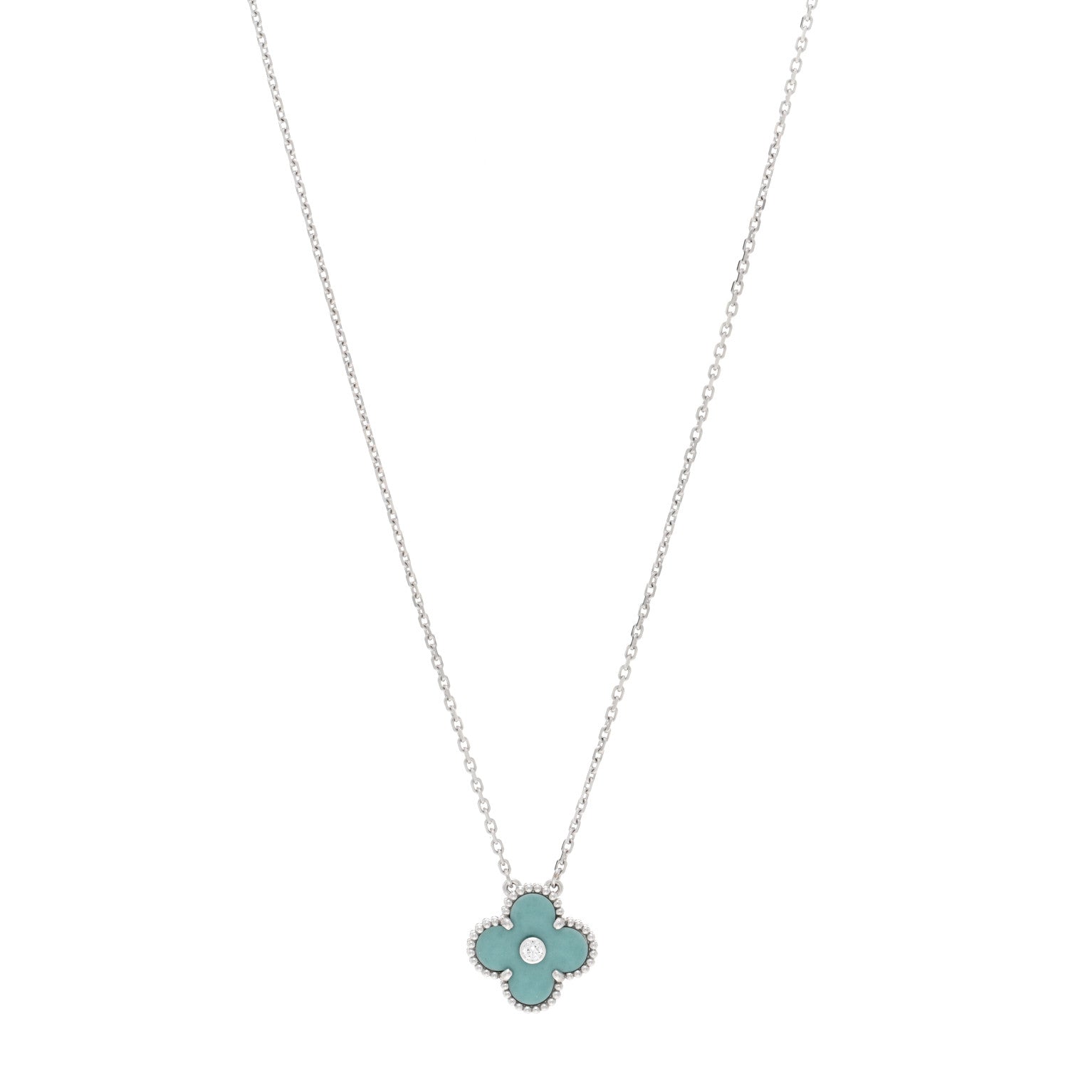 Van Cleef & Arpels 18K White Gold Diamond Celadon Green Sevres Porcelain Vintage Alhambra Pendant Necklace 1 of 4