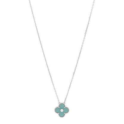 Van Cleef & Arpels 18K White Gold Diamond Celadon Green Sevres Porcelain Vintage Alhambra Pendant Necklace 1 of 4