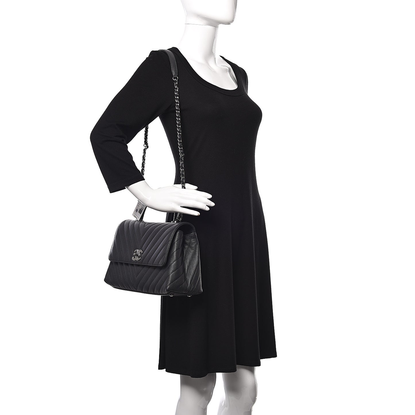 Caviar Chevron Quilted Small Coco Handle Flap Dark Grey