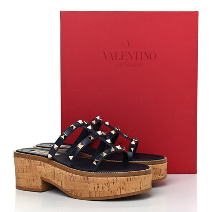 Valentino Garavani Calfskin Cork Rockstud Caged 30/50mm Platform Sandals 36.5 Marine 9 of 9