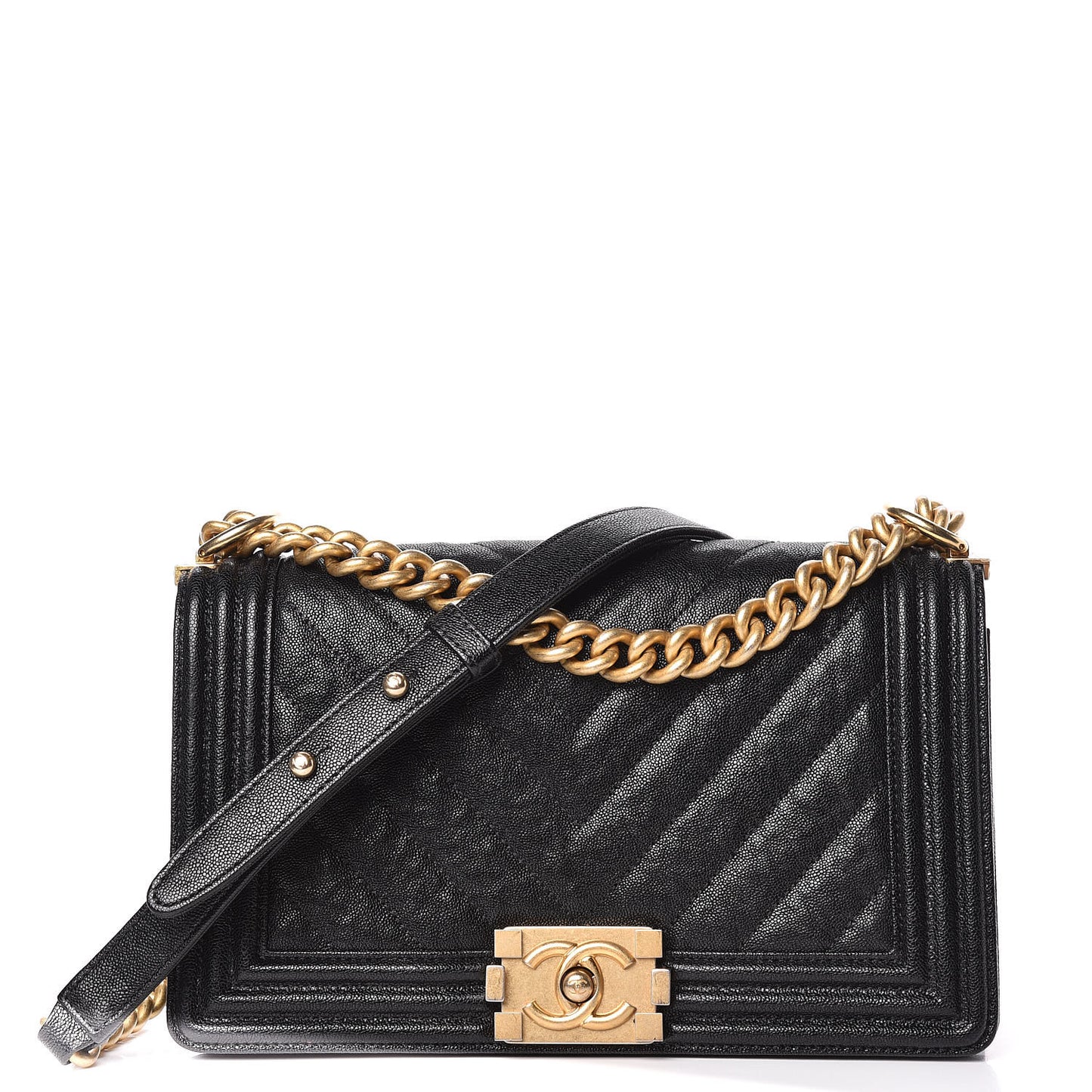 Caviar Chevron Quilted Medium Boy Flap Black