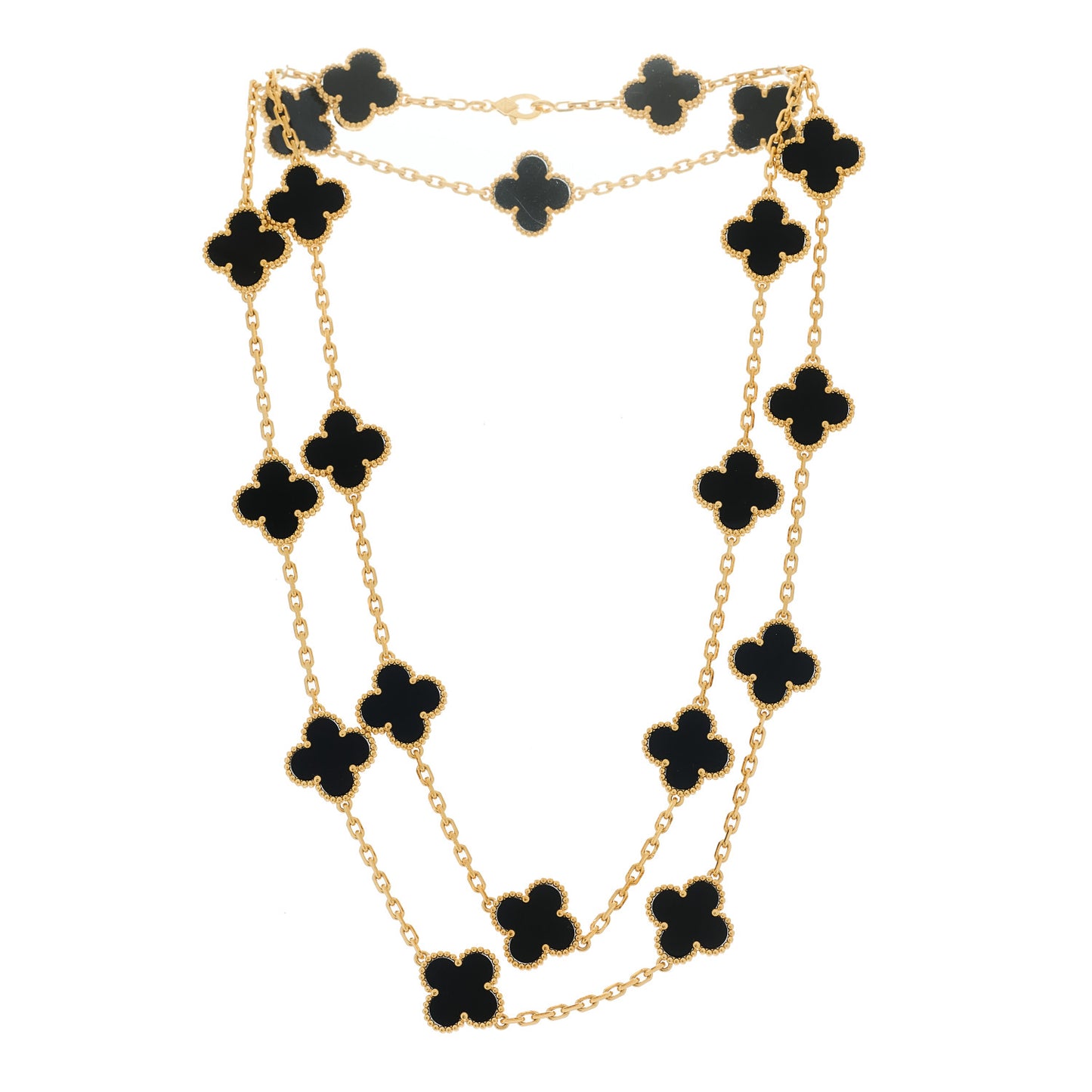 18K Yellow Gold Black Onyx 20 Motifs Vintage Alhambra Necklace