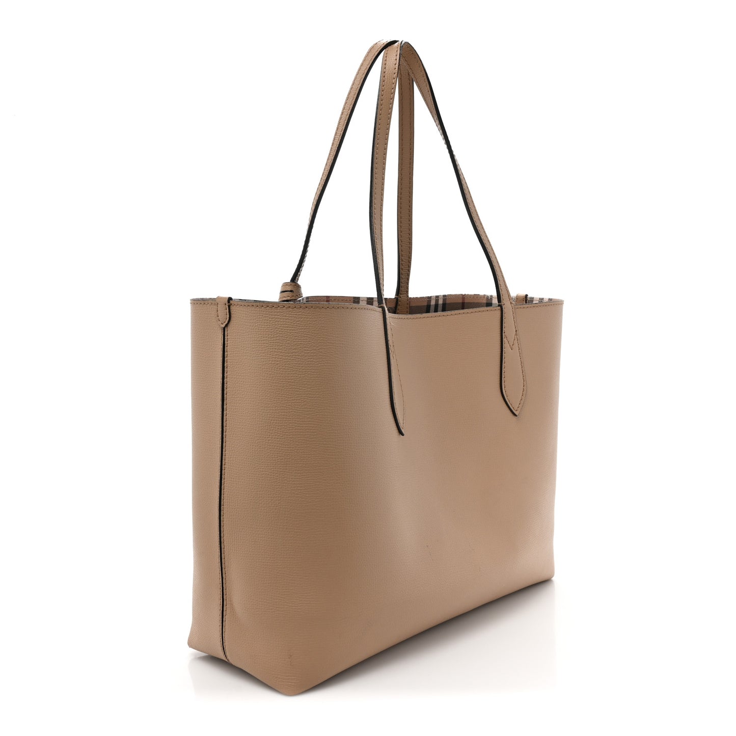 Grainy Calfskin Haymarket Check Medium Reversible Tote Camel