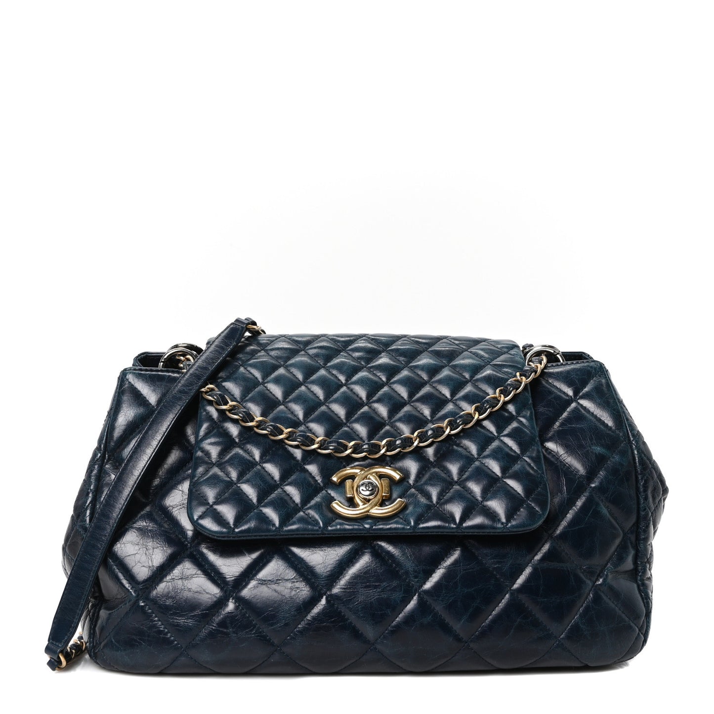 Glazed Calfskin Quilted Large Daily Walk Flap Blue