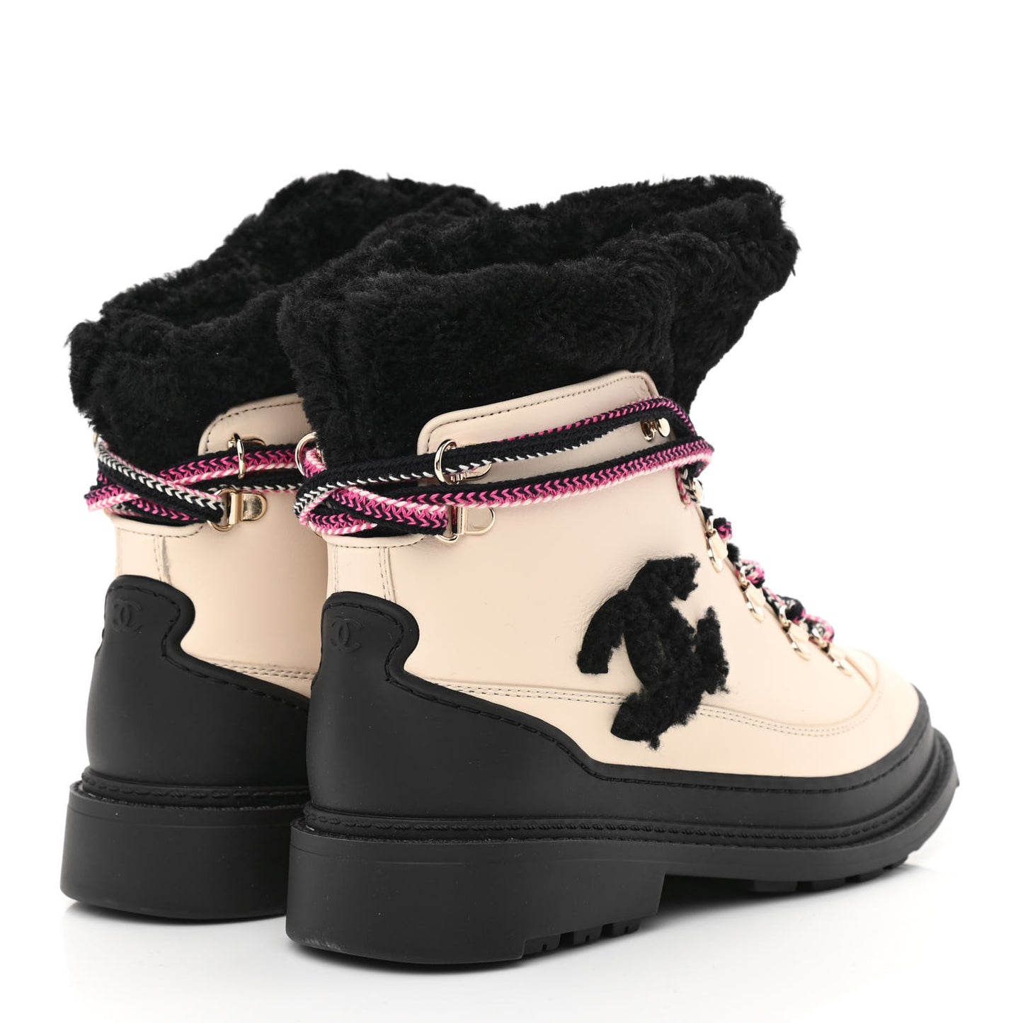 Calfskin Shearling CC Lace Up Boots 35 Black White