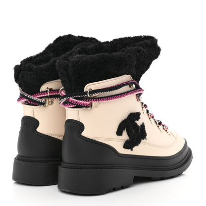 Chanel Calfskin Shearling CC Lace Up Boots 35 Black White 4 of 9
