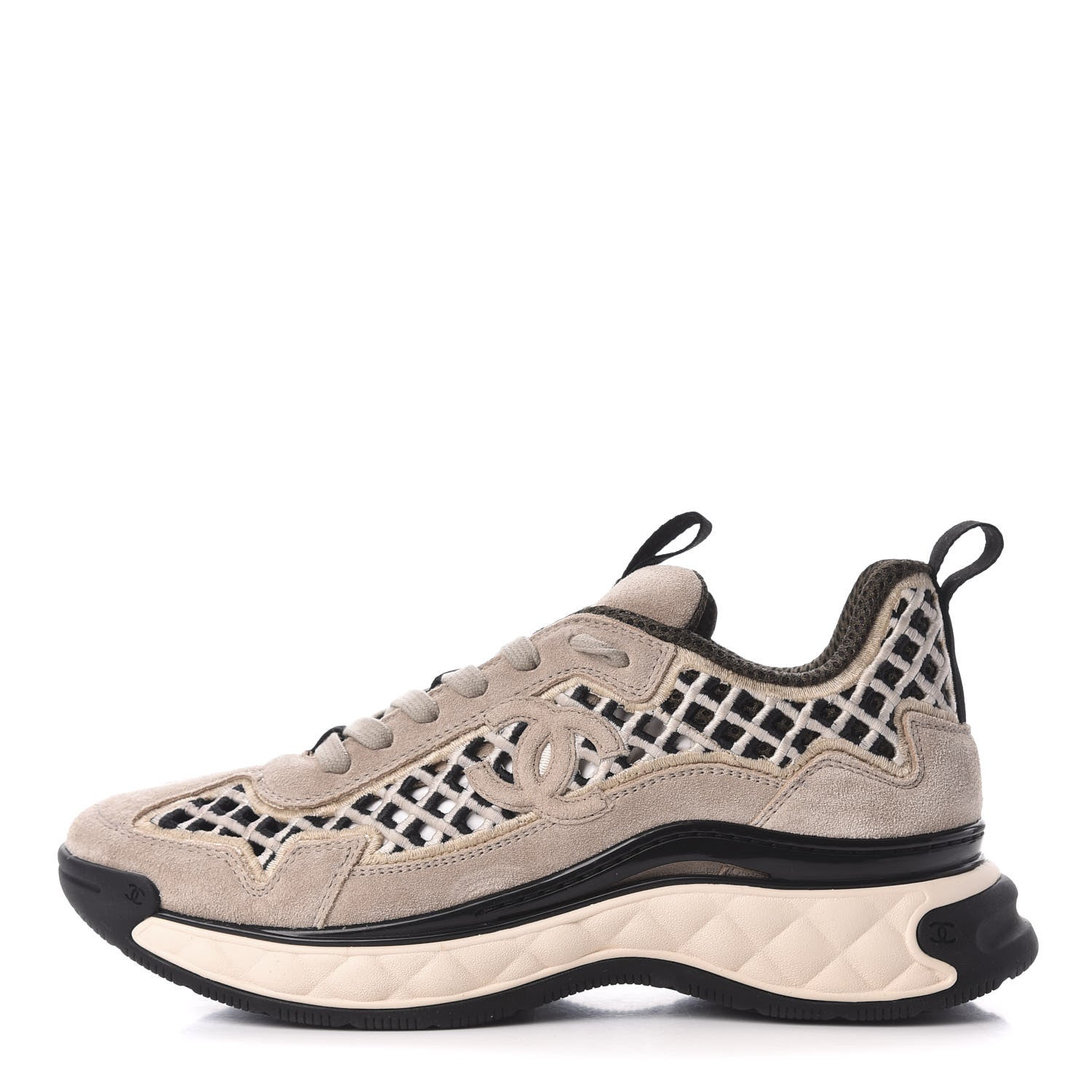 Chanel Suede Calfskin Embroidered CC Sneakers 39 Beige Black 1 of 8
