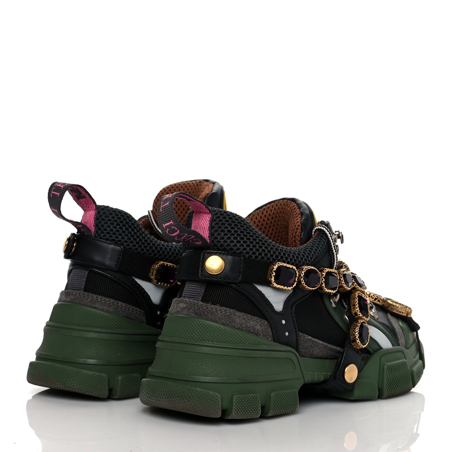 X SEGA Mesh Suede Calfskin Removable Crystals Flashtrek Sneakers 36 Loess Black Olive Green