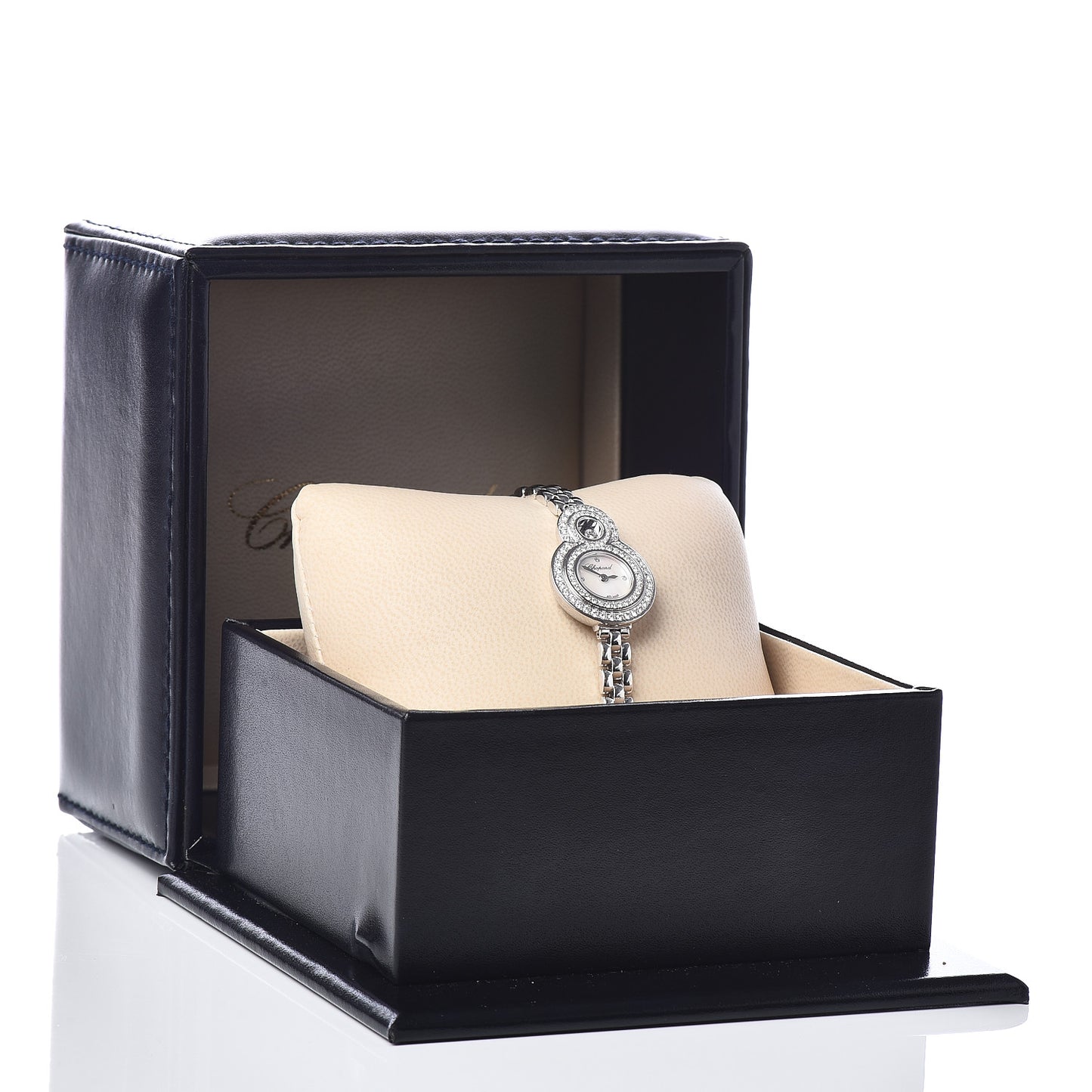 18K White Gold Diamond Pave Bezel Mother of Pearl 20mm Happy Eight Quartz Watch