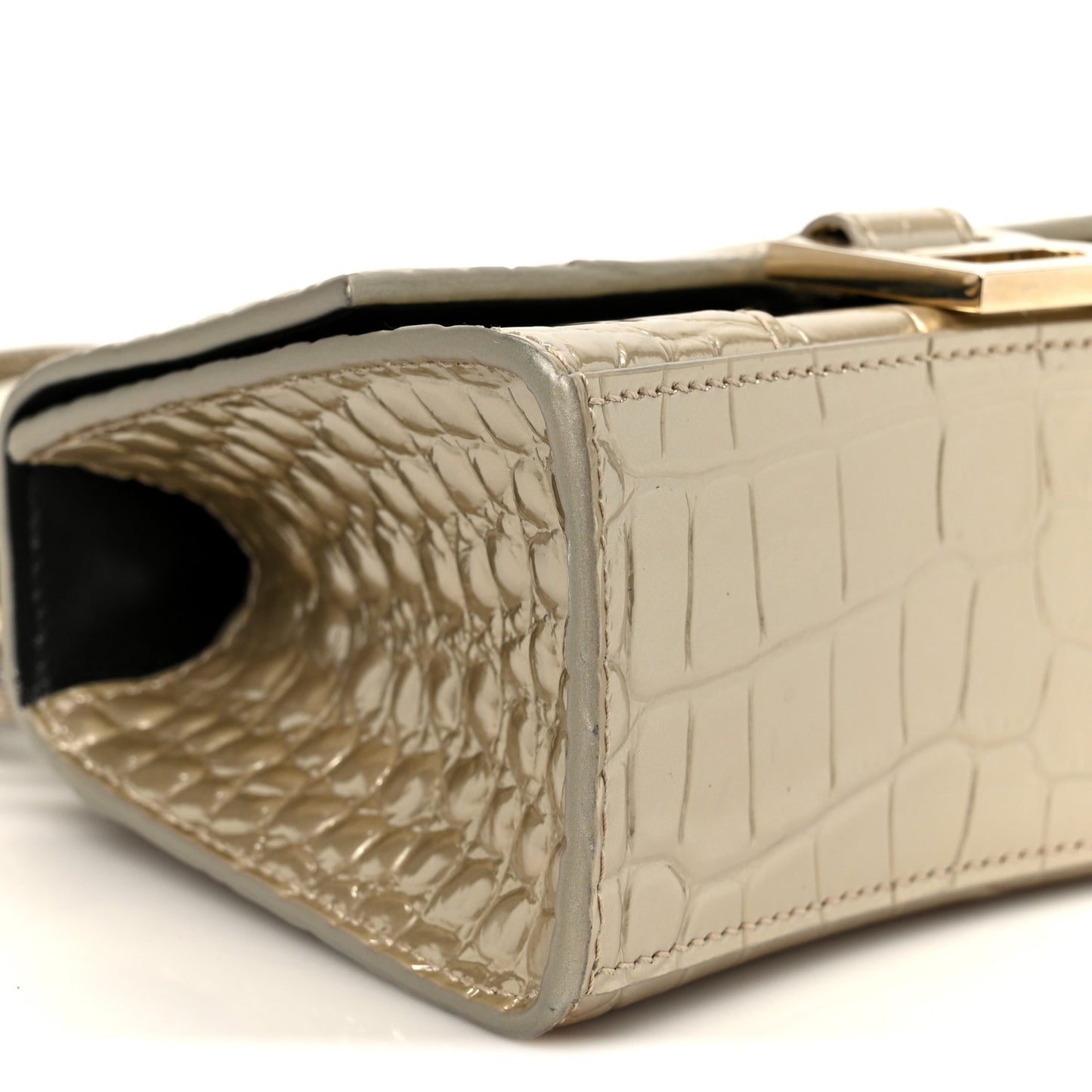 Metallic Calfskin Crocodile Embossed Hourglass Top Handle Bag XS Light Gold
