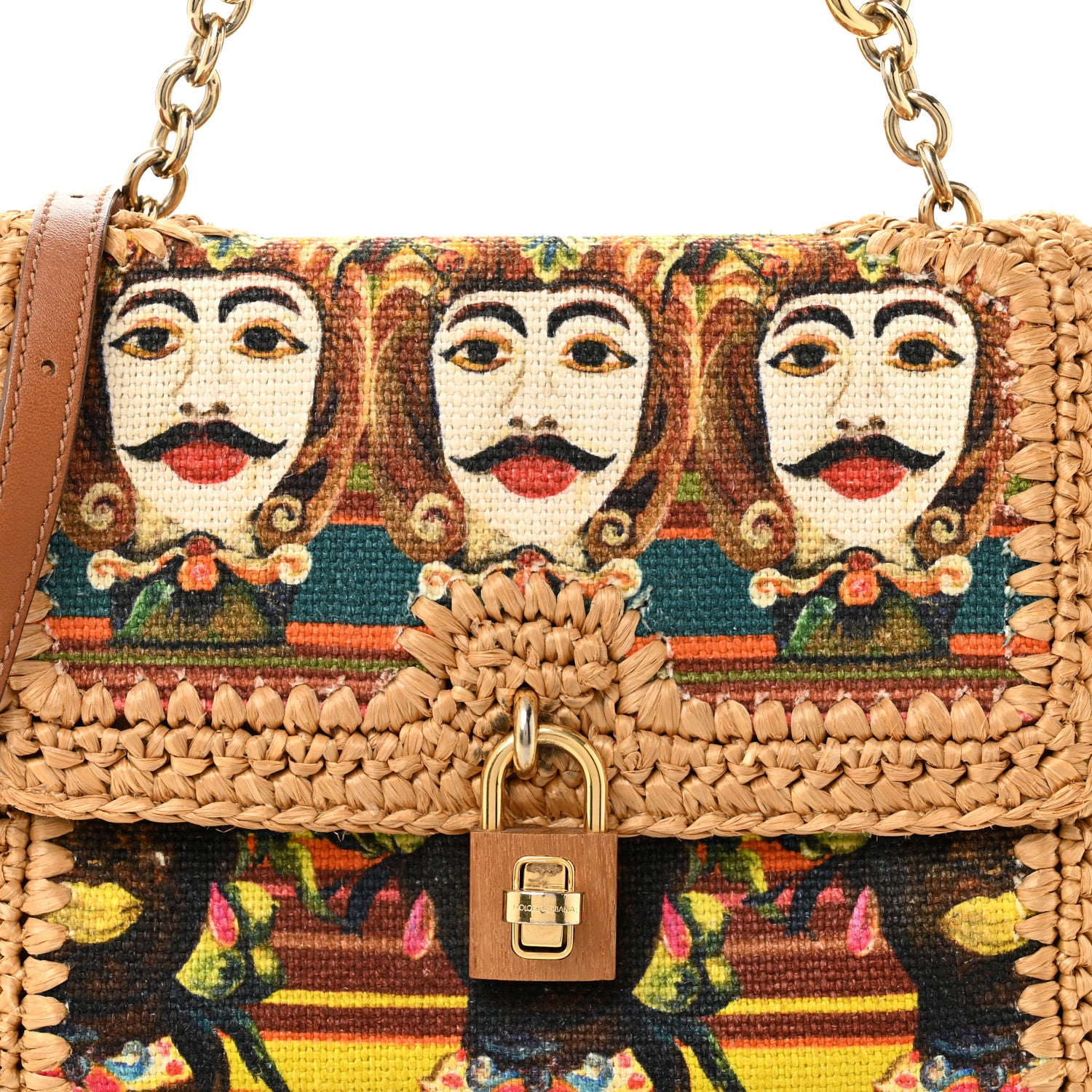 Dolce & Gabbana Raffia Crochet Embroidered Padlock Flap Satchel Beige Multicolor 7 of 12