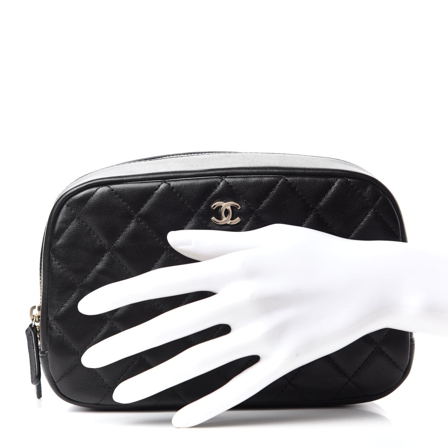 Lambskin Quilted Medium Curvy Pouch Cosmetic Case Black